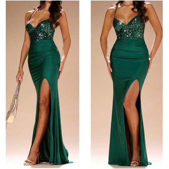 Luxe Sequin Satin Criss Cross Lace up Prom Formal Party Dress - Picture 3 of 9